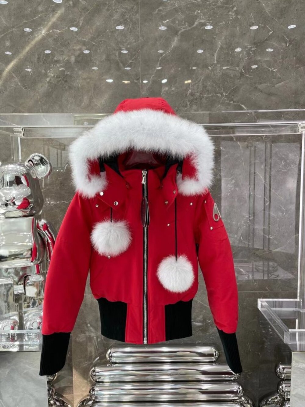 Moose Knuckles Red White Fur Hood Bomber Jacket